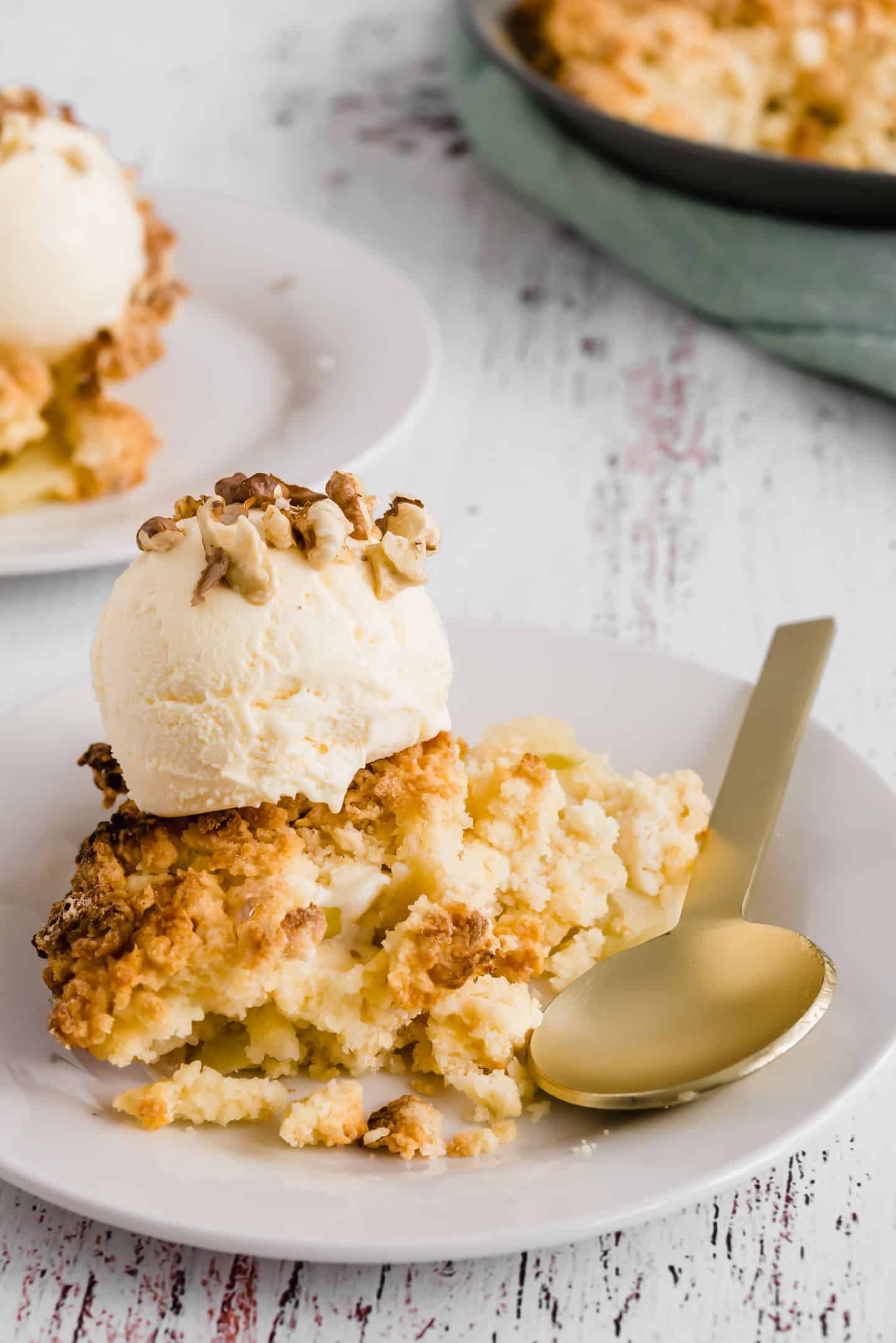 Apple Crumble Cake with Vanilla Ice Cream and Walnuts