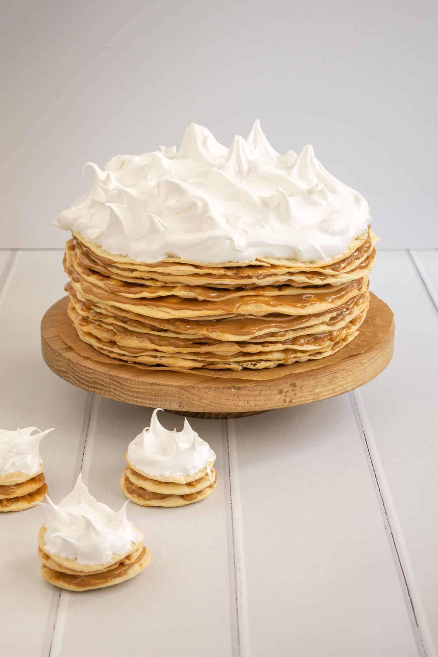 Dessert with heaps of dulce de leche and meringue in big and small size