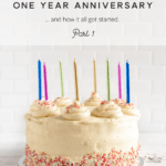 En Casa Blog's One year Anniversary with a vanilla cake in the background and some multicolor candles
